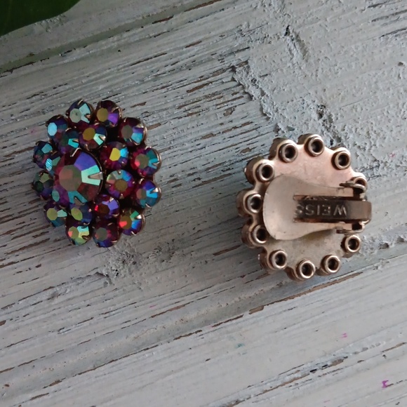 Weiss Vtg rhinestone earrings 1950s clip-on Old Hollywood Glam Pink Ab - Picture 3 of 5